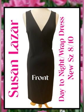 SUSAN LAZAR Black Crepe Wrap Midi Dress NEW Sz 8/10 Versatile “ Day to Night “